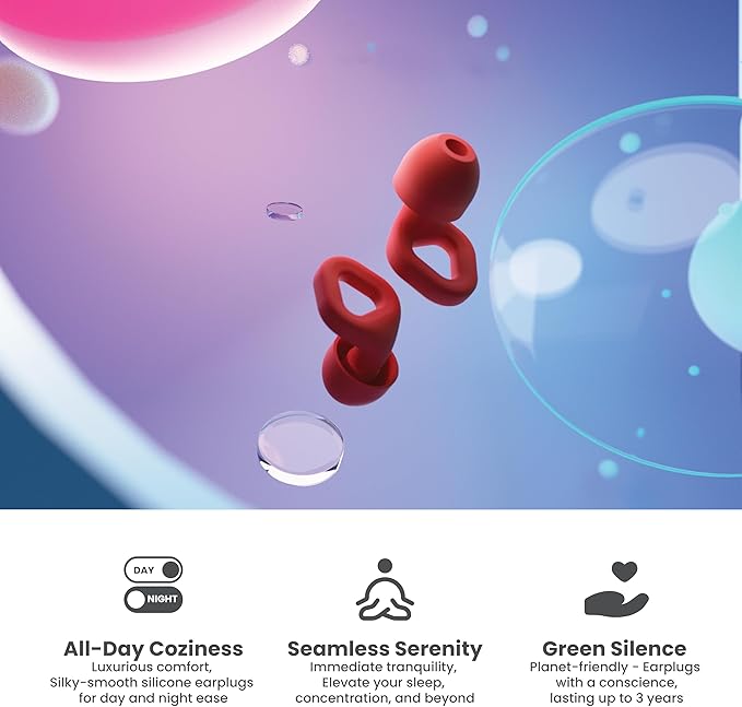 Zenz Unwind Ear Plugs for Sleeping Noise Reduction - Comfy Reusable Soft Silicone Earplugs for Focus, Study, Work - 8 Pair Eartips in XS/S/M/L - 27dB Hearing Protection with Storage Case - Fiery Red