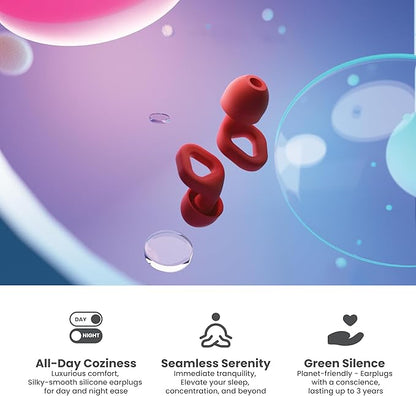 Zenz Unwind Ear Plugs for Sleeping Noise Reduction - Comfy Reusable Soft Silicone Earplugs for Focus, Study, Work - 8 Pair Eartips in XS/S/M/L - 27dB Hearing Protection with Storage Case - Fiery Red