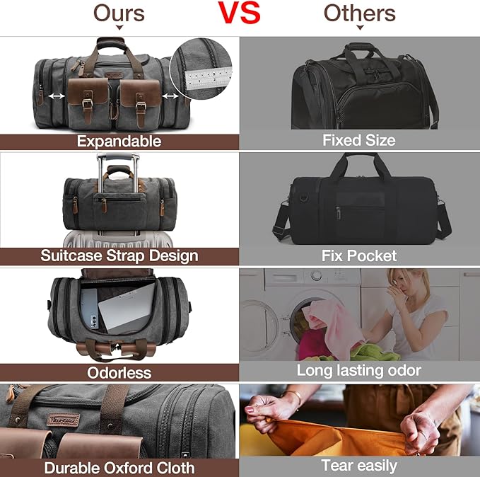 Wildroad 60L Travel Duffel Bag, Expandable Canvas Genuine Leather Duffle Bag Upgraded Overnight Weekender Bag Carry on Bag