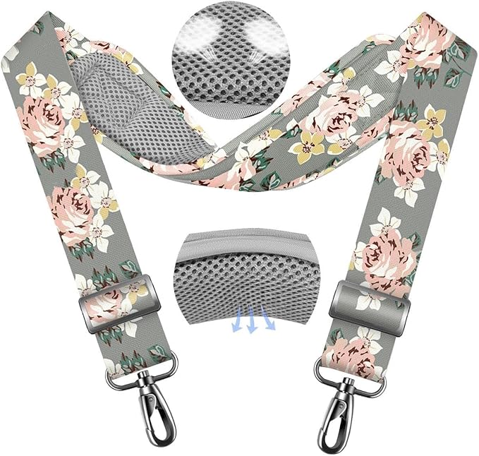 ZINZ 79.5" Universal Strap with Ultra-Thick Fixed Breathable Pad - Adjustable Heavy-Duty Shoulder Strap for Laptop, Crossbody, Luggage, Gym, Camera Bag and More,Gray Flower