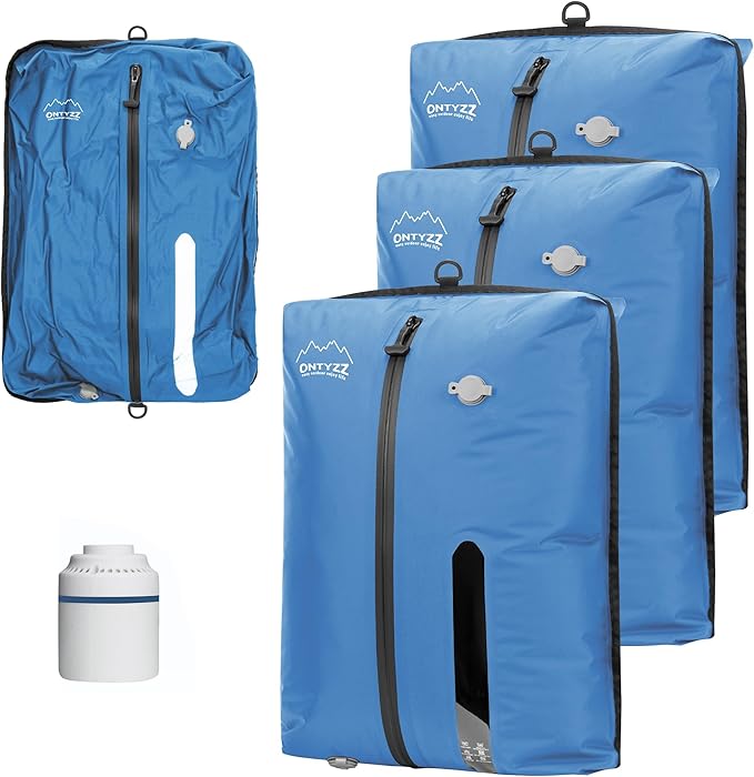 ONTYZZ Three Pack Blue TPU Vacuum Bag for Travel Reusable Compression Bag with IPX8 Waterproof Zipper Durable Space Saver Bag，Large with Air pump