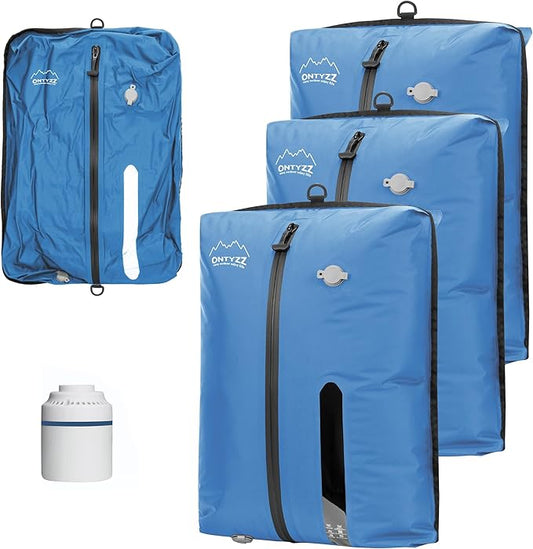 ONTYZZ Three Pack Blue TPU Vacuum Bag for Travel Reusable Compression Bag with IPX8 Waterproof Zipper Durable Space Saver Bag，Large with Air pump
