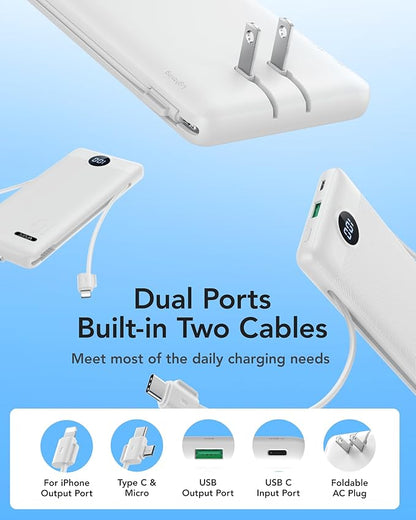 VRURC Portable Charger with Wall Plug, 10000mAh Slim Portable Charger Built in Cables,PD 20W Fast Charging Power Bank with Cords,USB C Portable Phone Charger Travel Accessories -White(1 Pack)