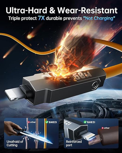 SHEZI Silicone 4 in 1 USB C Cable 60W 5FT Compatible with Lightning Cable, Fast Charging for iPhone Charger Cord [480Mbps Data Sync],Multi Charging Cable with Type C/USB A, Yellow