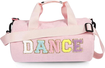 Dance Ballet Bag for Girls Sport Gym Duffle Bags Overnight Travel Bags Fun Dance Corduroy Chenille Letter Bag for Dancers (Pink)
