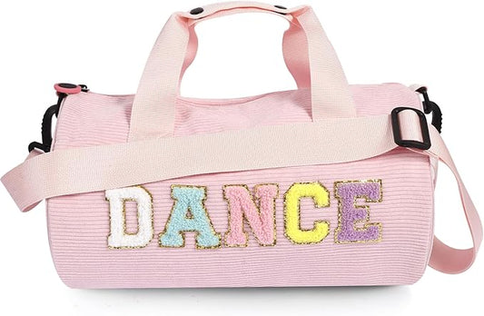 Dance Ballet Bag for Girls Sport Gym Duffle Bags Overnight Travel Bags Fun Dance Corduroy Chenille Letter Bag for Dancers (Pink)