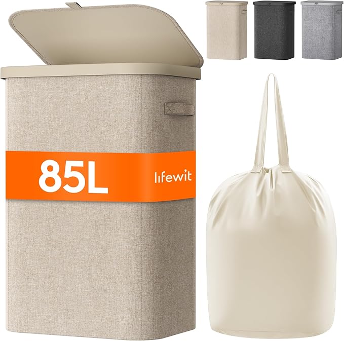 Lifewit 85L Laundry Basket with Lid, Large Laundry Hamper with Plastic Handles and Removable Bag, Foldable Tall Dirty Clothes Hampers for Laundry for Laundry Room, Bedroom, Bathroom, Dorm, Beige