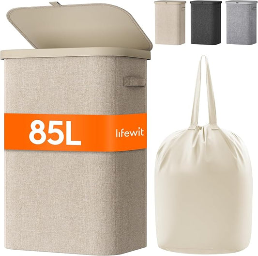 Lifewit 85L Laundry Basket with Lid, Large Laundry Hamper with Plastic Handles and Removable Bag, Foldable Tall Dirty Clothes Hampers for Laundry for Laundry Room, Bedroom, Bathroom, Dorm, Beige