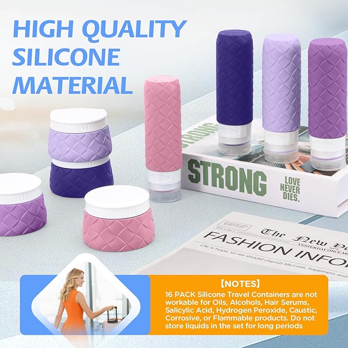 16 Pack Travel Bottles for Toiletries, TSA Approved Travel Size Toiletries Containers Set, BPA-Free Silicone Leak Proof Refillable Bottles Stackable Creams Jars Accessories Kit W/Clear Bag(Purple)
