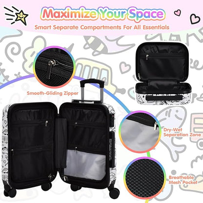 smilesun 2PCS Kids Luggage Set with DIY Coloring, 14" & 20" Lightweight Travel Carry On Suitcase with Spinner Wheels, TSA Lock