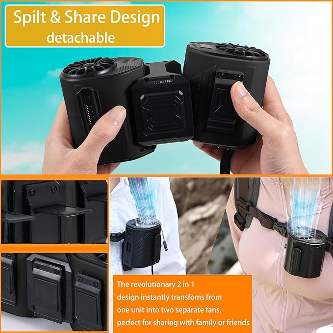 Portable Waist Fan Detachable Dual-Fan Combination Turbo Technology10000 mAh 5-Speed 13000RPM Clip On Belt Wearable Personal Neck Fan for Traveling Outdoor Jobsite Camping (BLACK)