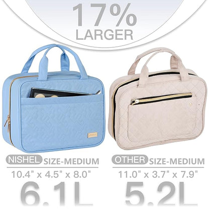 NISHEL Travel Toiletry Bag for women, Portable Hanging Organizer for Travel-Sized Shampoo, Conditioner, Brushes Set, Makeup Accessories, Medium Size, Placid-Blue