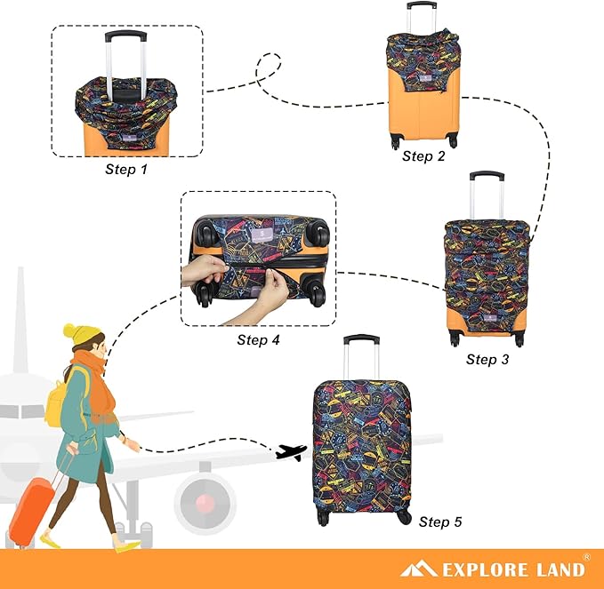 Explore Land Travel Luggage Cover Suitcase Protector Fits 23-26 Inch Case (Stamp, M)