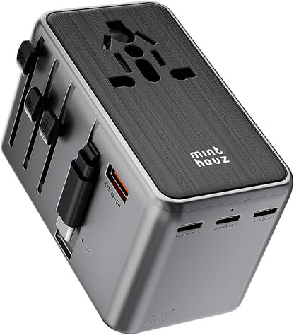 Minthouz Universal Travel Adapter, International 70W Power Adapter GaN Fast Charger with 3 USB-C PD, 1 USB-C Cable & A Ports, All-in-One Portable AC Power Plug Adapter for USA EU UK AUS