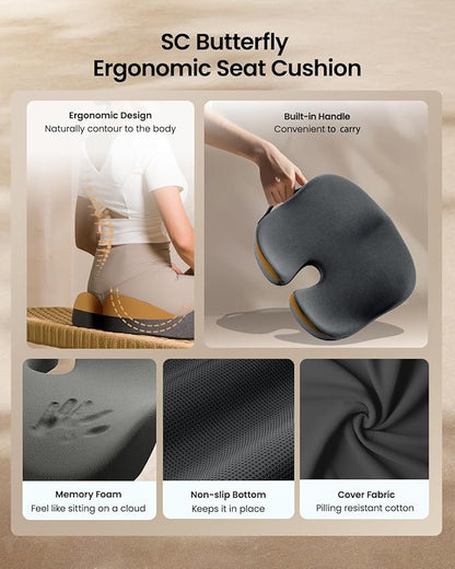 ProtoArc Seat Cushion, Office Chair Cushion for Sciatica, Coccyx Cushion, Ergonomic Memory Foam Seat Cushion for Car, Home, Pressure Relief Pad for Hip, Tailbone, All Day Comfort - Black&Gray