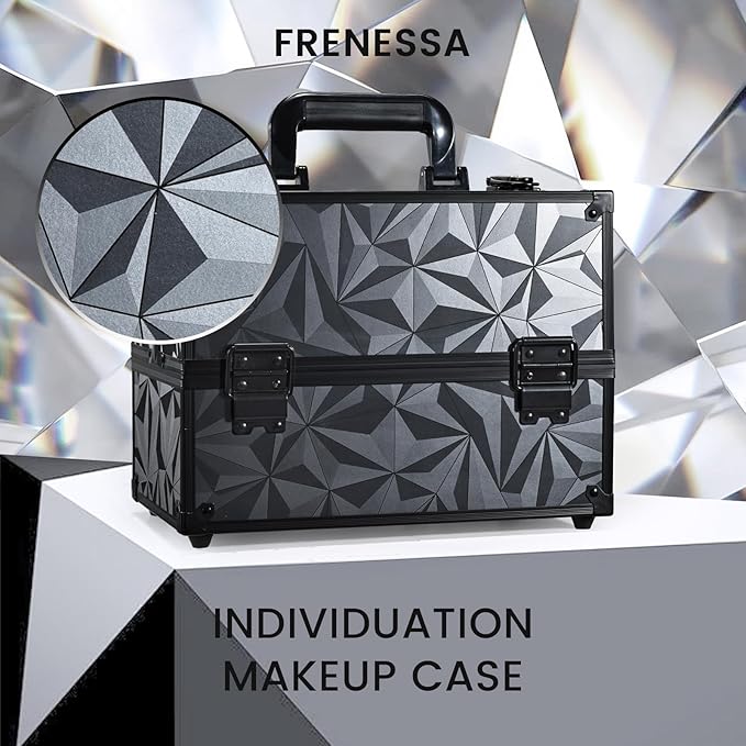 FRENESSA Makeup Train Case Makeup Case 11.8 Inch Large Cosmetic Box Organizer Travel Storage Professional Make Up Train Carrying Case with 6 Trays Locking Hard Vanity Storage Dark Black