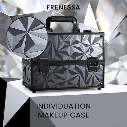 FRENESSA Makeup Train Case Makeup Case 11.8 Inch Large Cosmetic Box Organizer Travel Storage Professional Make Up Train Carrying Case with 6 Trays Locking Hard Vanity Storage Dark Black