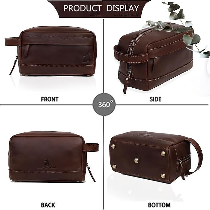 Leather Farm Premium Buffalo Leather Toiletry Bag for Men & Women - Dopp Kit With Water Resistant Lining, Shaving Pouch, Unisex Wash Bag For Toiletries, Gifts For Men and Women - Dark Brown
