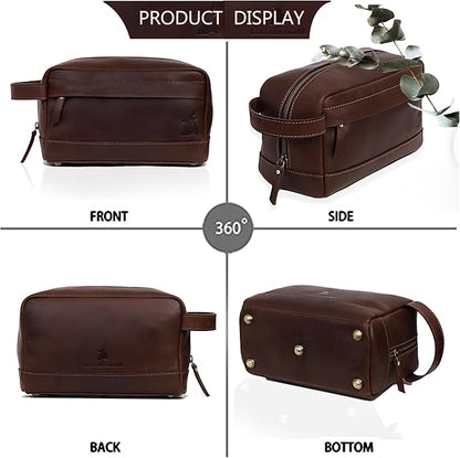 Leather Farm Premium Buffalo Leather Toiletry Bag for Men & Women - Dopp Kit With Water Resistant Lining, Shaving Pouch, Unisex Wash Bag For Toiletries, Gifts For Men and Women - Dark Brown