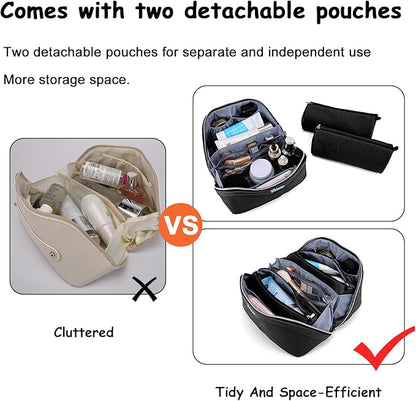 BOYATU Travel Makeup Bags for Women: Vegan Leather Cosmetic Bag Set of 3 - Large Capacity Make up Bag with Divider - Wide Open Waterproof Toiletry Organizer Bag with Handle (L13-Black)