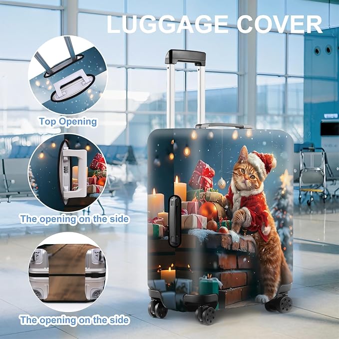 Christmas Cat Luggage Cover – Cute Santa Kitty Suitcase Protector, Holiday Travel Luggage Sleeve, Stretchable & Waterproof,S