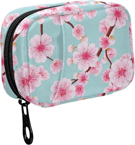 Fustylead Pink Cherry Flower Pill Organizer Travel Portable Zipper Cloth Bag for Holding Weekly Supplements Vitamins and Fish Oils