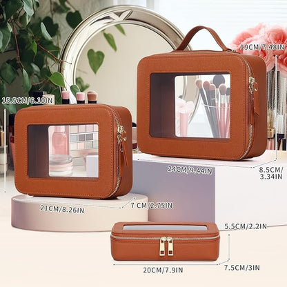 Pinkmik Clear Makeup Bag with Brush Bag 3pcs Waterproof Travel Case for Cosmetics and Toiletries Women's Makeup Organizer with Zipper (X/Brown, L+M+SLIM)