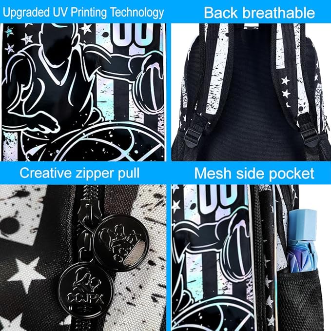 WZLVO 3PCS Basketball Backpack for Boys, 17" Cool UV Printing Kids Bookbag/School Bag with Lunch Box & Pencil Bag for Elementary to Middle - Star-Spangled Basketball