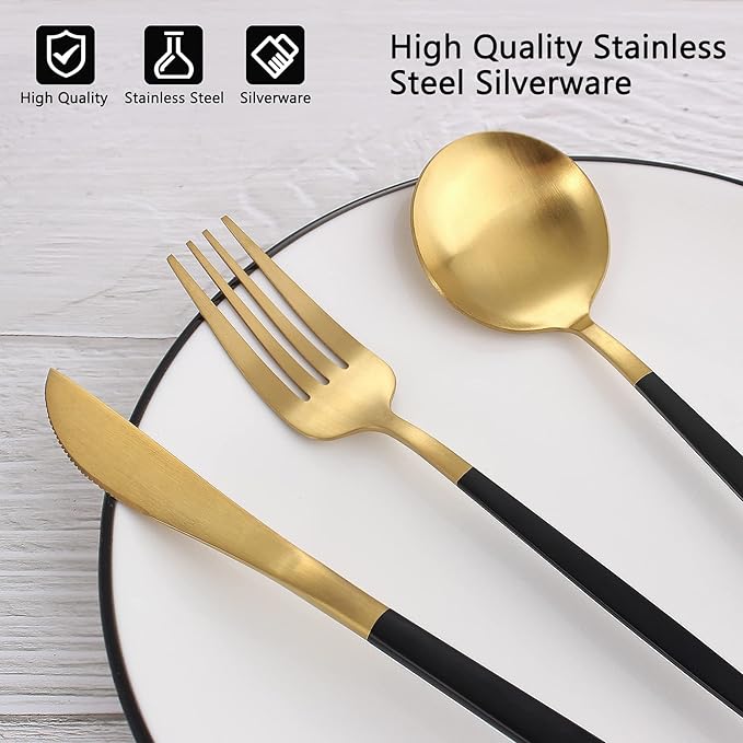 Matte Black Gold Silverware Set, 20-Piece Stainless Steel Flatware Set, Satin Finish tableware Cutlery Set, Service for 4, Home and Restaurant, Dishwasher Safe