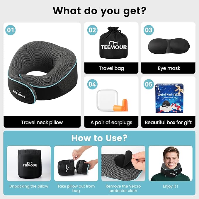 Travel Neck Pillow for Airplane -360° Support, Stocking Stuffers, Memory Foam Travel Pillows for Airplanes With Eye Mask & Earplugs, Portable Carry Bag for Long Flights/Car| Best Airplane Accessories