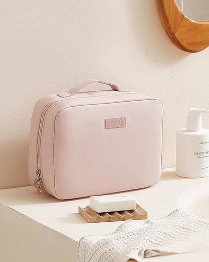 EACHY Travel Toiletry Bag with Hanging Hook, Portable Makeup Cosmetic Bags for Women, Water-Resistant Full-Size Travel Accessories (Pink)