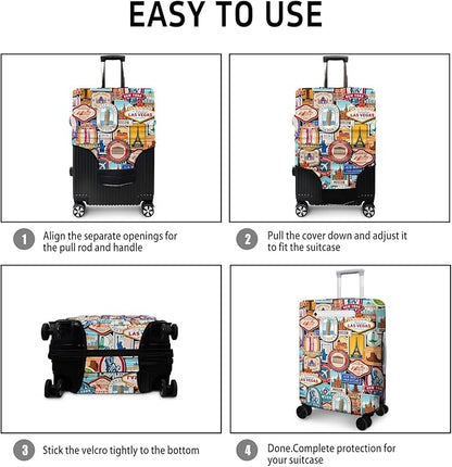 Landmark Sticker Travel Luggage Cover, Travel-Themed Suitcase Protector Stretchable, Washable Travel Suitcase Cover (M for 22-24 Inch Luggage)