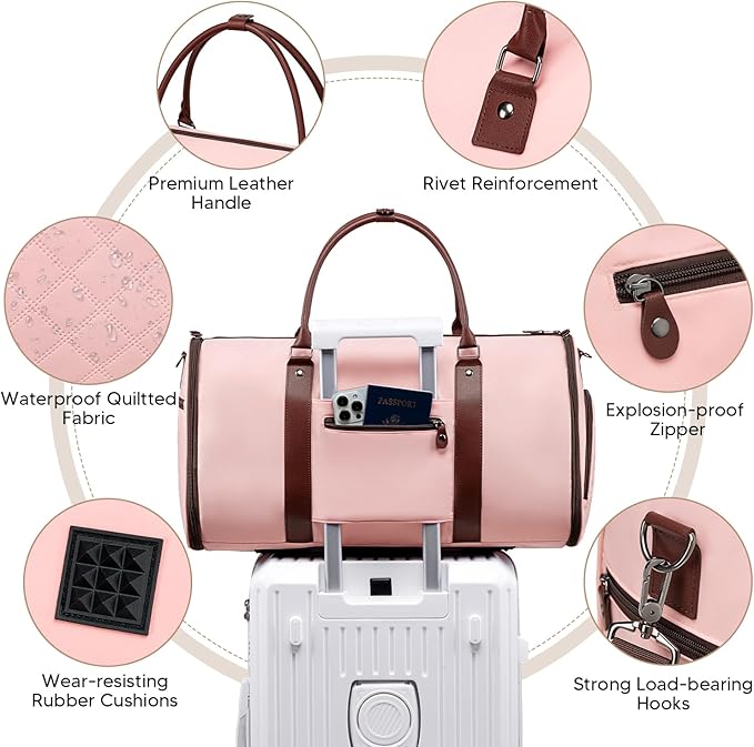 Garment Bag for Airplane Travel,Weekender Travel Bag for Women, 2 in 1 Convertable Garment Duffle Bag with Shoes Compartment Carry on Bag Hanging Garment Bag Travel with Shoulder Strap,Pink