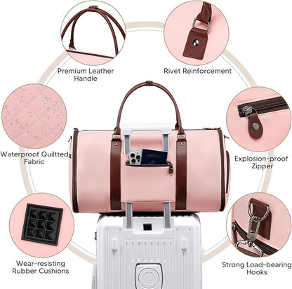 Garment Bag for Airplane Travel,Weekender Travel Bag for Women, 2 in 1 Convertable Garment Duffle Bag with Shoes Compartment Carry on Bag Hanging Garment Bag Travel with Shoulder Strap,Pink