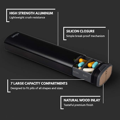 7 Day Weekly Pill Organizer 2.0 by mbarc - Premium Stylish Aluminum and Wood Large Capacity Pill Box for Supplements, Pills, Vitamins and Medication. (Midnight Black)