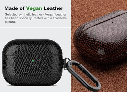 Handmade Case - for AirPods Pro 2 Case Cover with Carabiner - Selected Vegan Leather, Lizard Skin Texture, Drop Protection Hard Shell Cover for AirPods Pro 2nd Generation Earbuds - Black