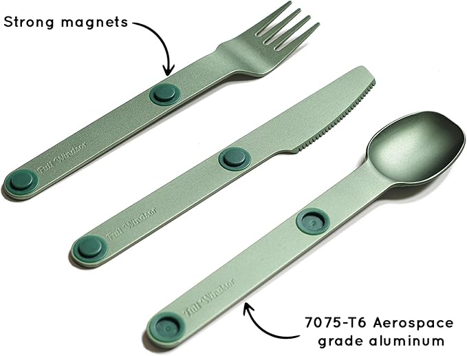 FULL WINDSOR - MAGWARE Magnetic Camping Cutlery Set - Travel Utensils for Camping, Cooking, and Outdoor Dining - Knife, Fork & Spoon - Portable Silverware with Pouch - Green (3 PCS)