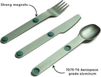 FULL WINDSOR - MAGWARE Magnetic Camping Cutlery Set - Travel Utensils for Camping, Cooking, and Outdoor Dining - Knife, Fork & Spoon - Portable Silverware with Pouch - Green (3 PCS)
