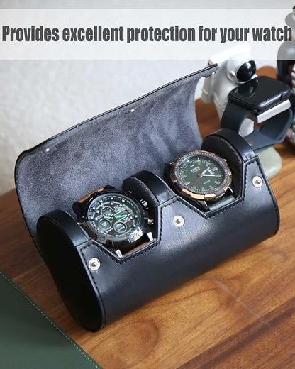 Premium Leather Travel Case, Variable Size Pillow Design, Roll Organizer for Men and Women, Black 2 Slot Portable Storage Box With Faux Suede Fabric Lining