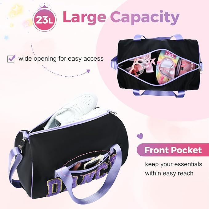 Dance Bag for Girls, KUIRAN 23L Waterproof Travel Duffel Bag with Colorful Chenille Letter, Lightweight Small Gym Sport Ballet Bag Weekender Bag with Large Main Compartment - Black/Purple