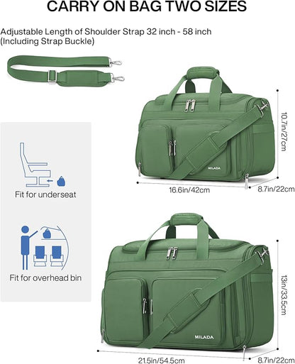 MILADA Underseat Carry On Luggage Bags for Travel Lightweight Foldable Carry On Bags for Airplanes Small Duffle Bag for Men Women Personal Weekend Overnight Travel Tote Bags, Forest Green