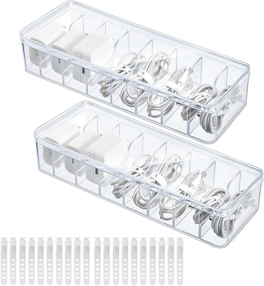 2 Pack Plastic Cord Organizer Box with 20 Wire Ties, Electronics Accessories Storage Case, Clear Cell Phone Cord Storage Organizer with 8 Compartments for Home Office Desk Organizers