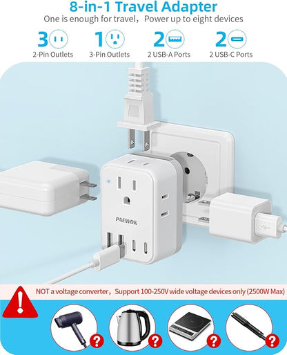 International Travel Adapter Set, US to UK/EU/South Africa/India Universal Power Adapter- 4 AC Outlets 4 USB Ports (2 USB C), Travel Plug Adapter Kit Include Type G/C/M/D Detachable Plug