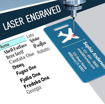 4 Personalized Metal Luggage Tags, Laser Engrave Name and Logo, Custom Aluminum Suitcase Tags with Steel Ring, for Travel, Backpack, Baggage (Blue)