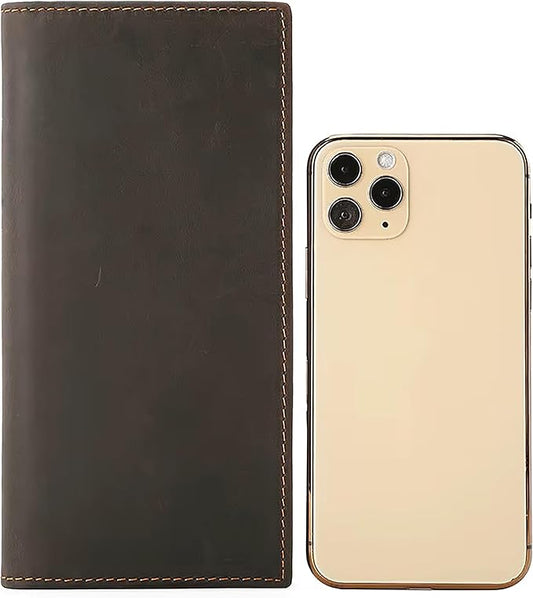 Leather Phone Wallet for Men RFID Blocking Long Wallet Genuine Crazy Horse Leather Coffee Brown Wallet with Card Slots ID Window Zipper Coin Pocket Cash Holder Travel Wallet