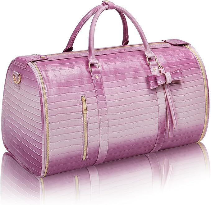 Garment Bags for Travel, 2-in-1 Convertible Travel Garment Duffle Bag for Women, Foldable Carry On Garment Bag with Shoe Compartment & Toiletry Pocket, PU Leather Weekender Bag, Pink-White