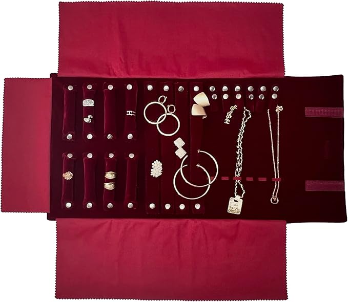 UnionPlus Velvet Jewelry Case Roll Bag for Necklace Bracelet Earrings Rings Multi-compartments, Great Jewelry Organizer for Travel, Burgundy