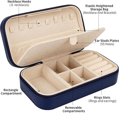 DesignSter Travel Jewelry Box, PU Leather Portable Jewelry Case, Small Jewelry Boxes for Gifts, Travel Jewelry Organizer for Women Rings Earrings Necklaces Bracelets (Dark Blue)