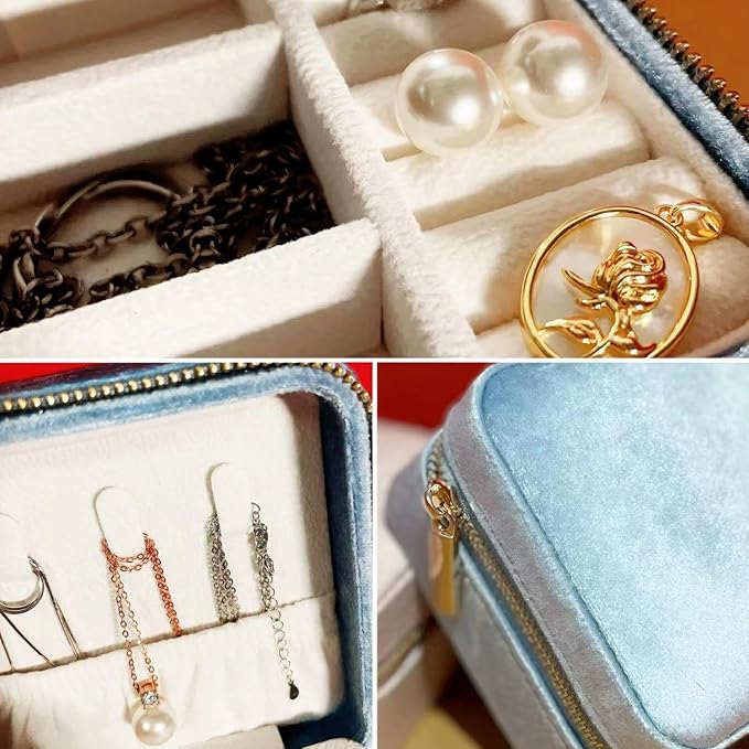 Velvet Jewelry Box, Small Travel Jewelry Organizer, Portable Jewelry Case for Women with Mirror, Sky Blue Mini Plush Travel Box