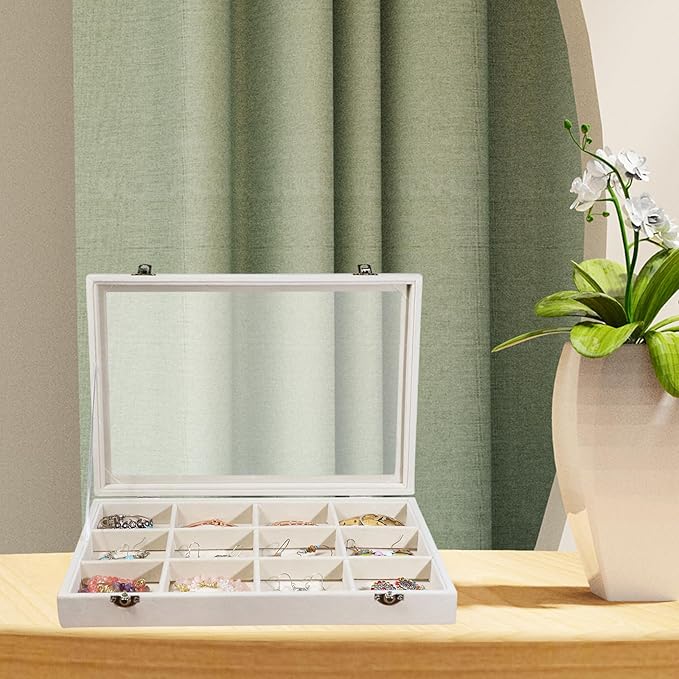Stratalife Jewelry Organizer Bracelet Organizer Storage Box 12 Grid Stackable Jewelry Tray with Lid Velvet Jewelry Box for Drawer Necklace Bracelet Display Storage Organizer Box (Beige)